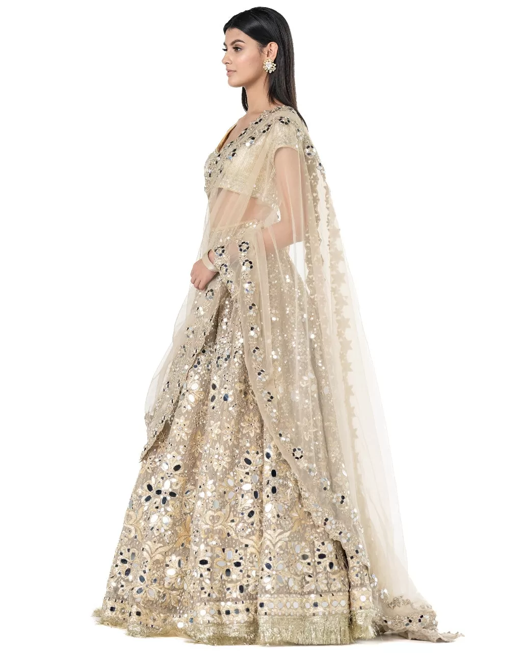 Beige Heavily Embellished Golden Lehenga Set