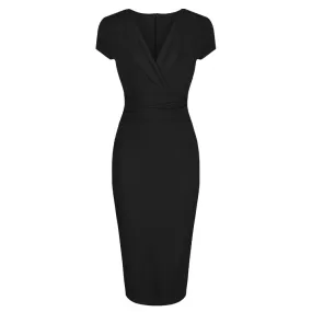 Black Deep V Cap Sleeve Bodycon Ruched Waist Wiggle Dress