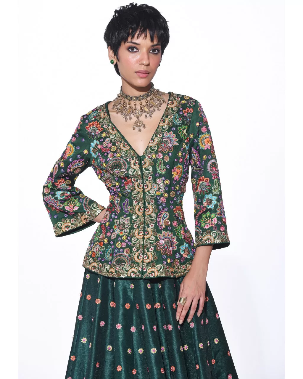 Bottle Green Embroidered Peplum Top & Lehenga Set