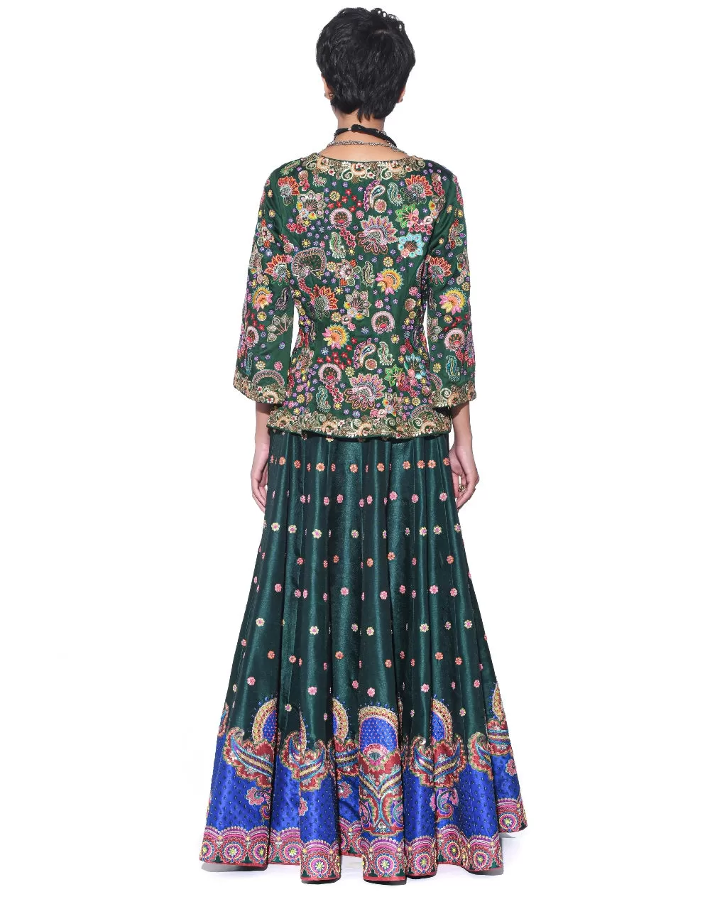 Bottle Green Embroidered Peplum Top & Lehenga Set