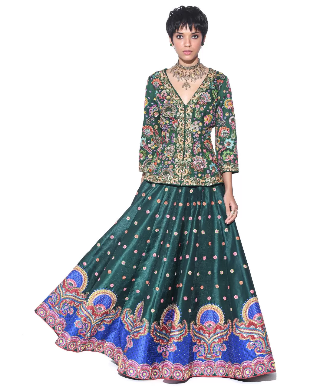 Bottle Green Embroidered Peplum Top & Lehenga Set