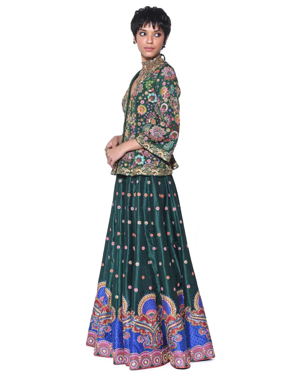 Bottle Green Embroidered Peplum Top & Lehenga Set