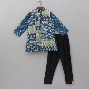 Chevron Blue Kurta With Printed Open Jacket And Black Churidar