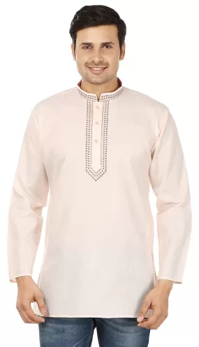 Embroidered Cotton Mens Short Kurta Shirt Indian Clothes (Beige)