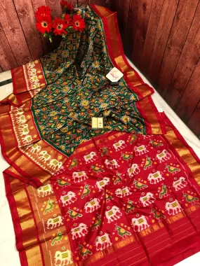 Green and Red Color Pure Ikat Patola Silk Saree