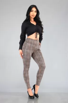 High Waist Sculpting Treggings With Front Pockets - Brown, Black, White Plaid