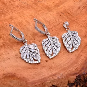 Leaf Design Zircon Gemstone 925 Sterling Silver Pendant Earrings Handmade Pendant Set