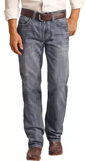 Men's RELAXED FIT LADDER STITCH MEDIUM WASH STRAIGHT BOOTCUT JEANS