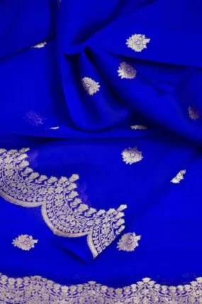 Midnight Blue Color Pure Organza Banarasi Saree with Golden Buti and Scallop Border