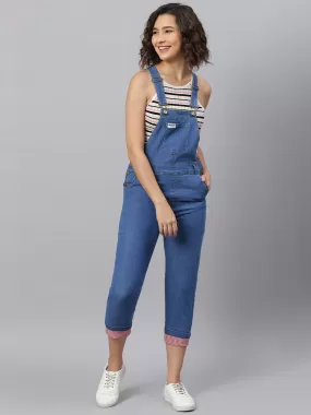 NaughtyDungaree® Women Denim Dungaree with Gingham Check Bottom Hem-Fold