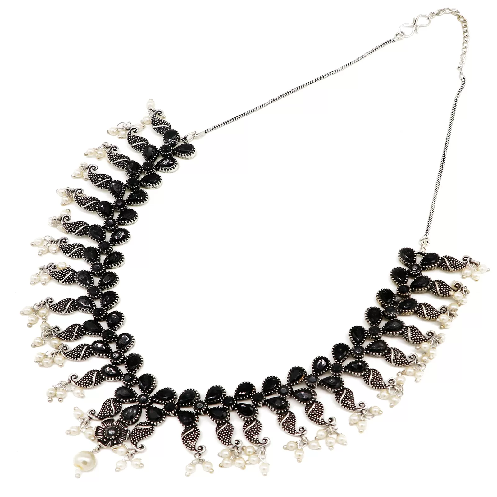 Niranjana Black Stone Silver Oxidized Necklace Set