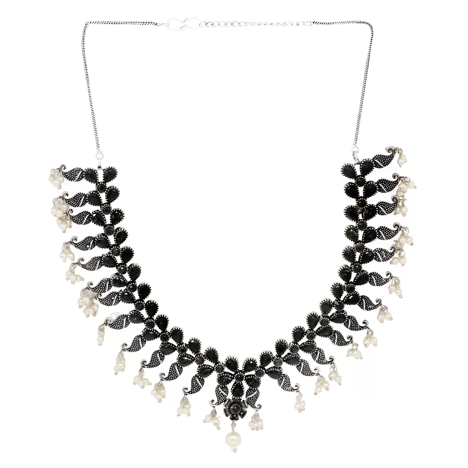 Niranjana Black Stone Silver Oxidized Necklace Set