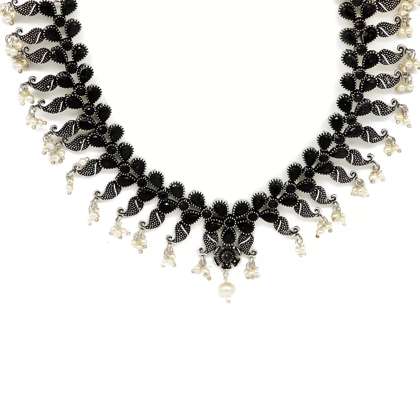 Niranjana Black Stone Silver Oxidized Necklace Set