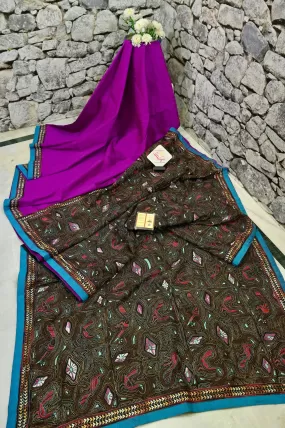 Purple and Black Color Pure Bangalore Silk Saree with Hand Kantha Embroidery