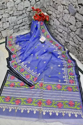 Purple Blue Color Muslin Jamdani with Embroidery