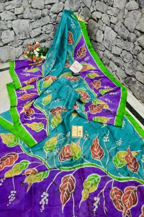 Rama Blue Color Pure Bishnupur Silk Saree with Hand Batik and Hand Paint Work Allover