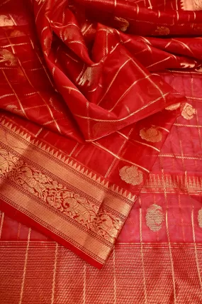 Red Color Pure Chanderi Banarasi Saree with Allover Checks and Zari Work