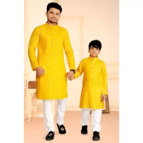 Traditional Cotton Ethnic Father Son Same Matching Kurta Pajama outfits Yellow