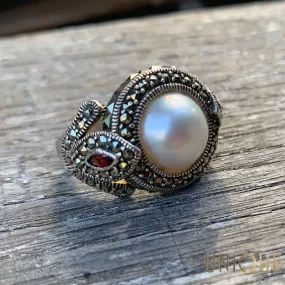 Vintage Sterling Silver Marquisette And Garnet With Half Pearl