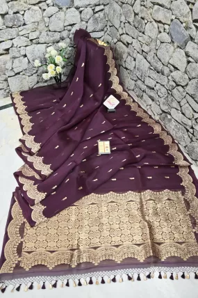 Wine Color Pure Organza Banarasi Saree with Golden Buti and Scallop Border