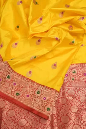 Yellow and Red Color Katan Banarasi Saree with Meenakari Buti Work